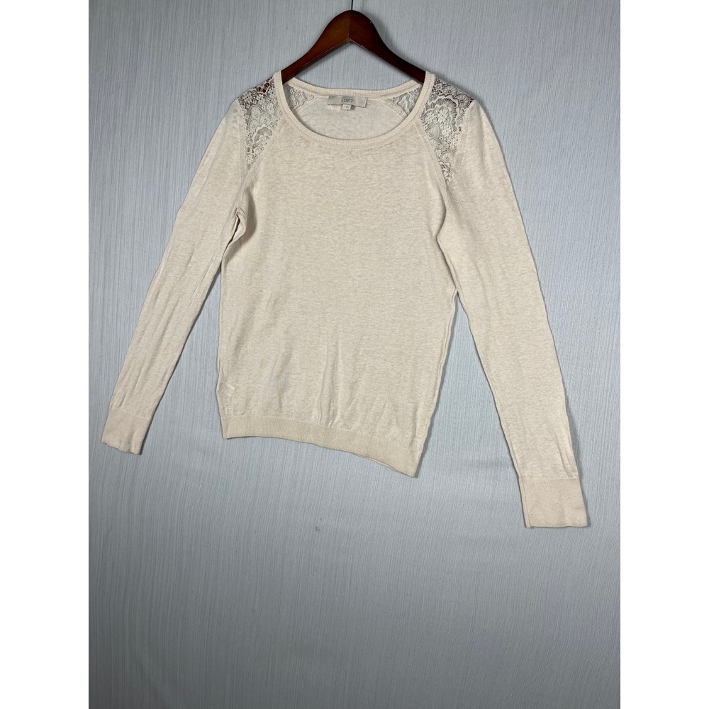 LOFT Sweater Womens L Cream Linen Cotton Lace Shoulder Pullover Coquette Boho